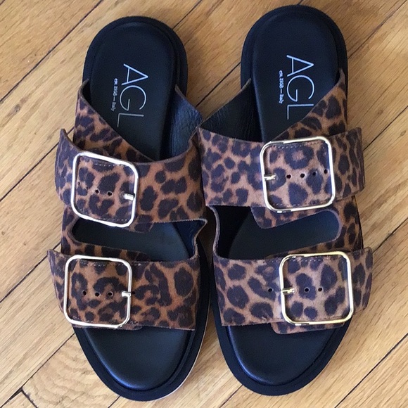 NWOT Animal Print AGL Italian Leather Buckle Sandals - Picture 9 of 9